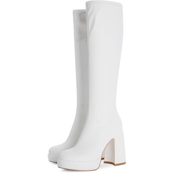 Women's White Platform Knee High Boots Chunky Heel Rounded Toe Zipper - Picture 5 of 9